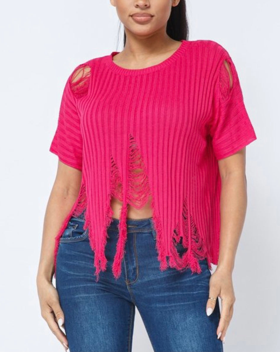 Distressed Sweater (Fushia)