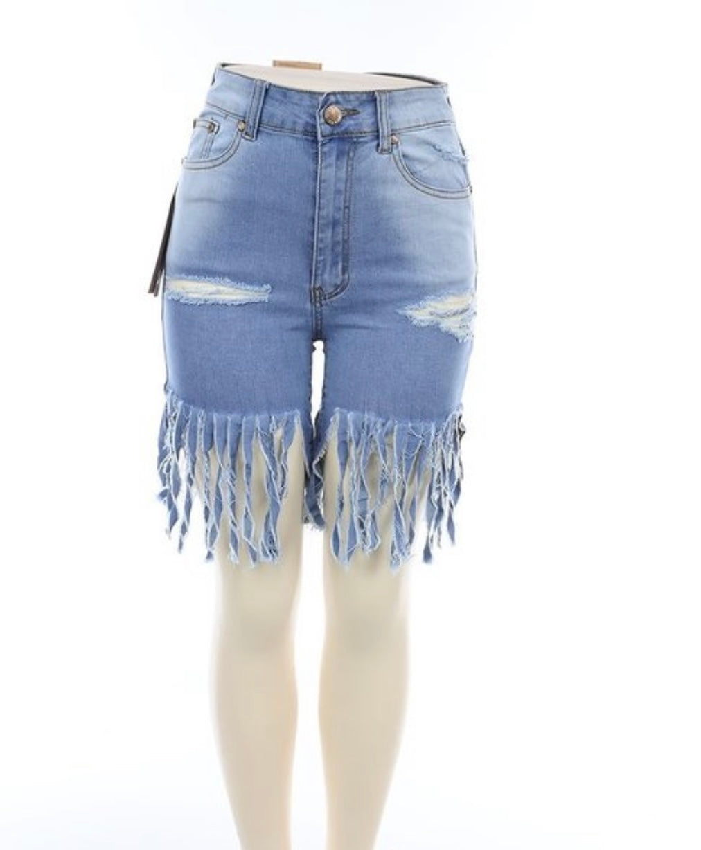 Fringed Stretch Jean Shorts