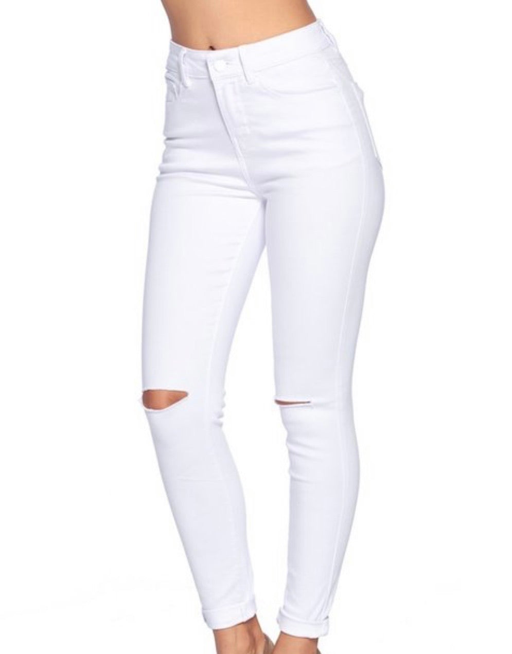 Knee Cut White Stretch Jeans